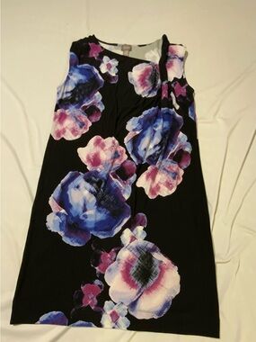 Chico's Floral Sheath Dress Black Blue Purple Sleeveless  Knit Size 2 (12-14)